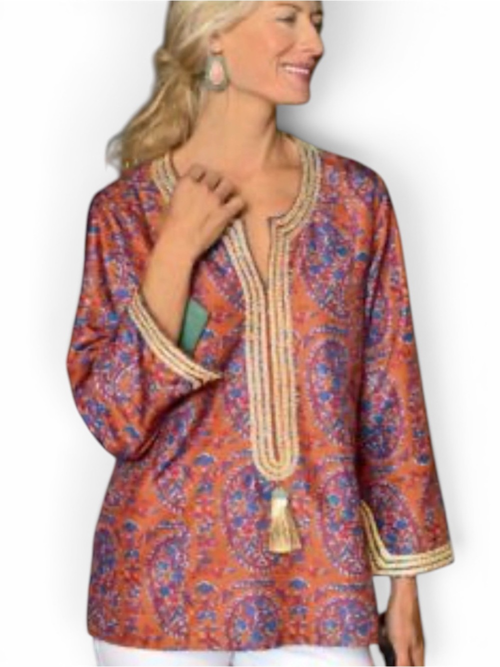 Soft Surroundings Orange Paisley print Tunic gold braided trim 3/4 sleeve small